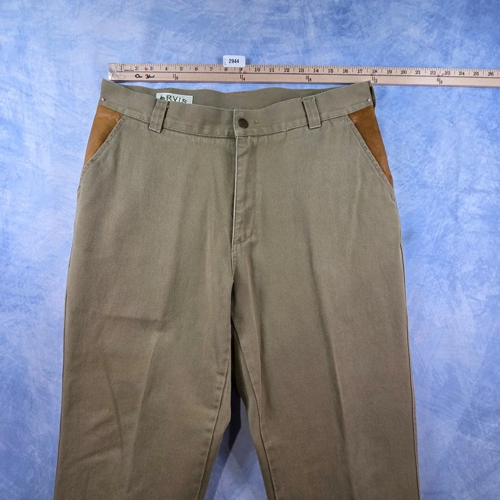 Orvis Mens Khaki Cotton Twill Pants Leather Trim Sporting Traditions Size 36x29